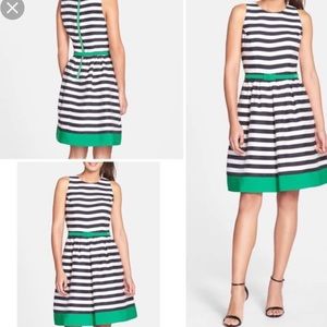 Eliza J striped green belted fit & flare dress